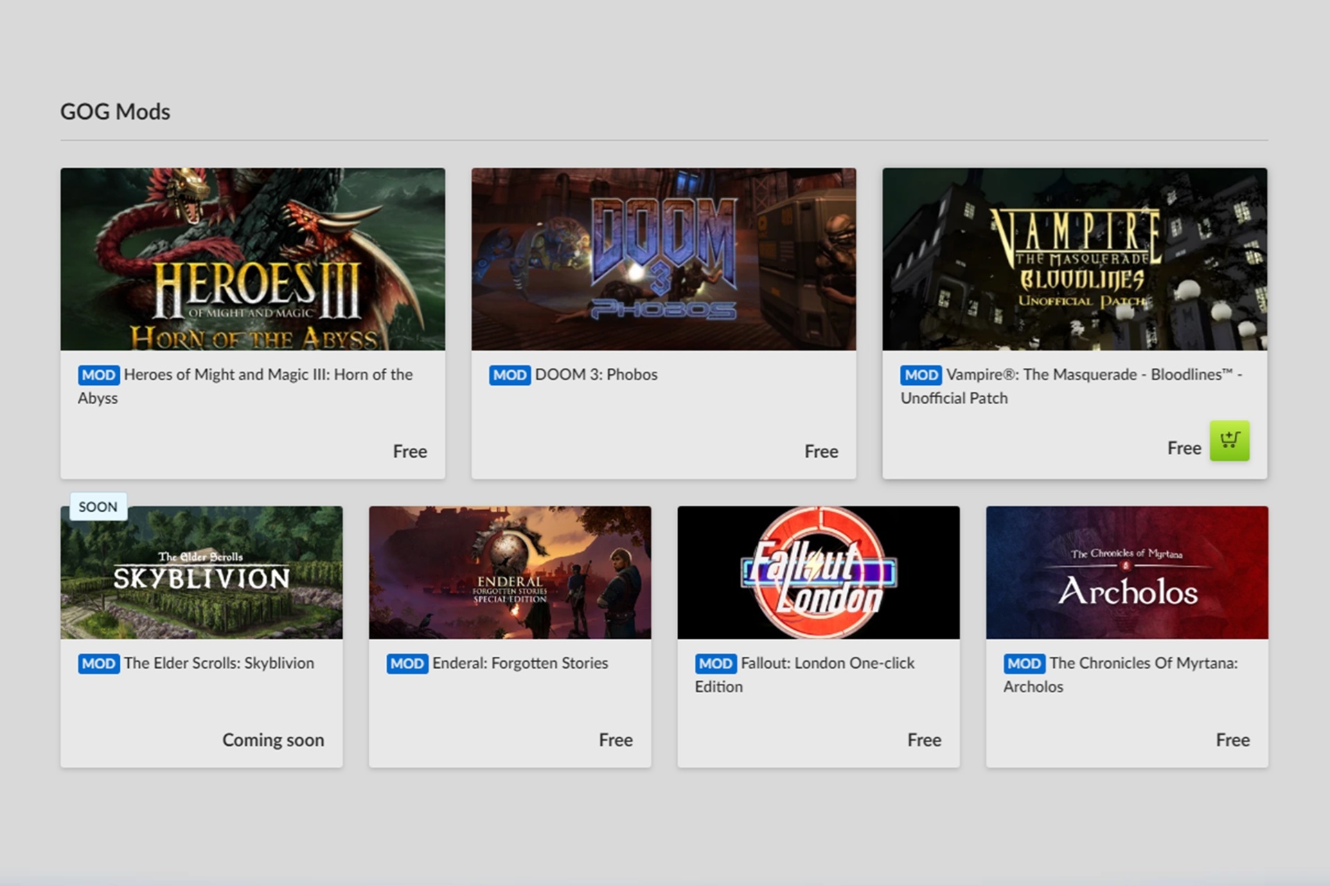 GOG's current One-Click Mods offerings.