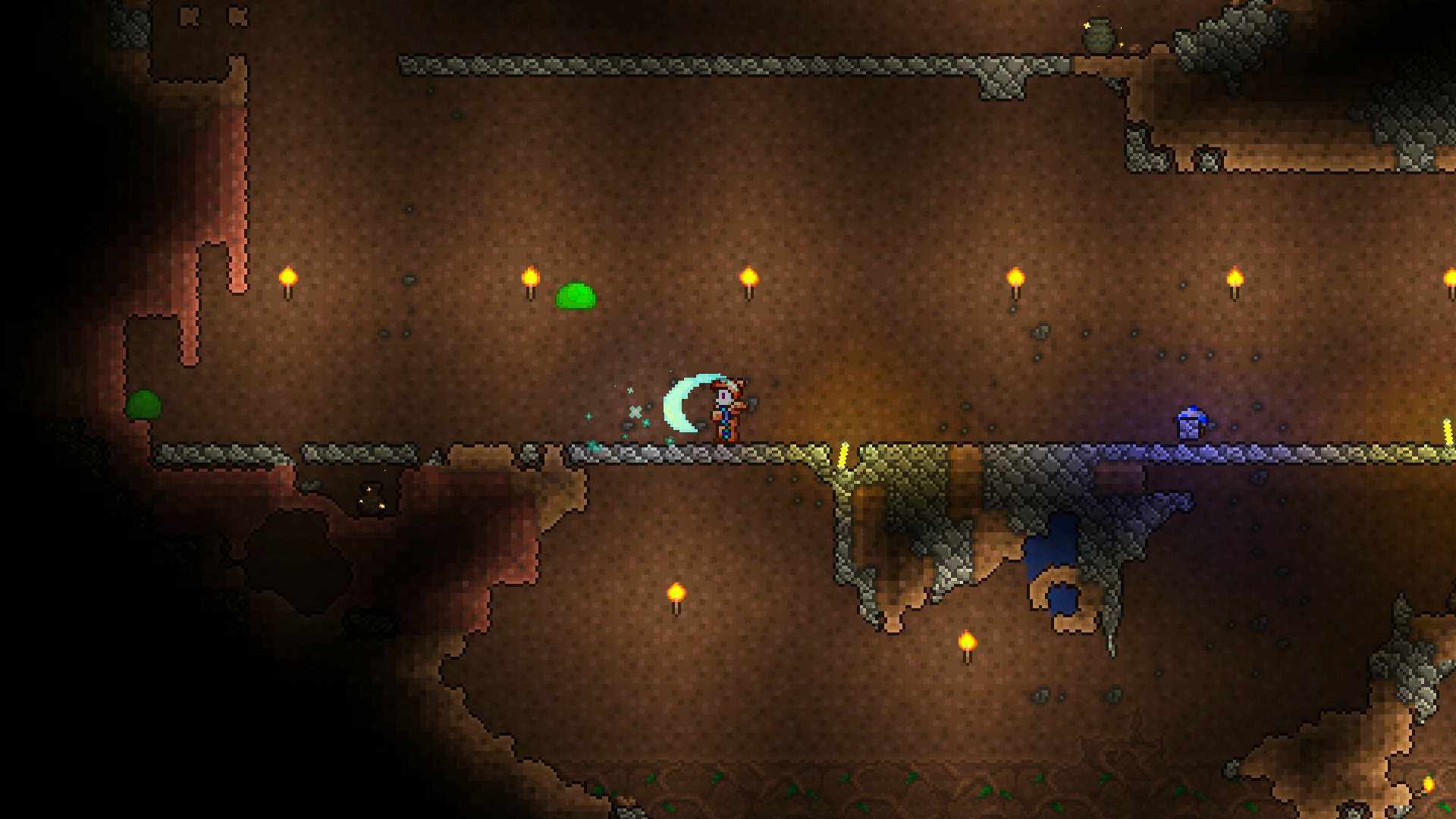 Terragrim swings a small blade in front of the Terraria player's face.